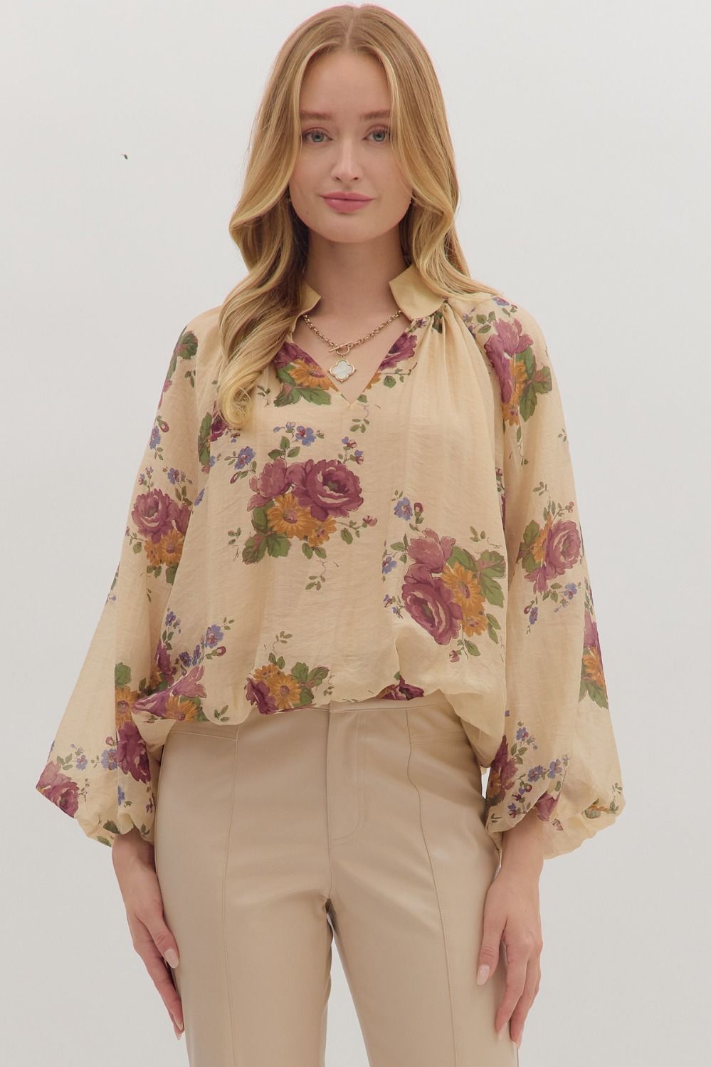 Floral Shirred Neck Puff Sleeve Top - Lush Lemon - Women's Clothing - Entro - 57219231001917