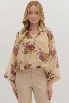 Floral Shirred Neck Puff Sleeve Top - Lush Lemon - Women&