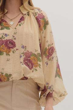 Floral Shirred Neck Puff Sleeve Top - Lush Lemon - Women&