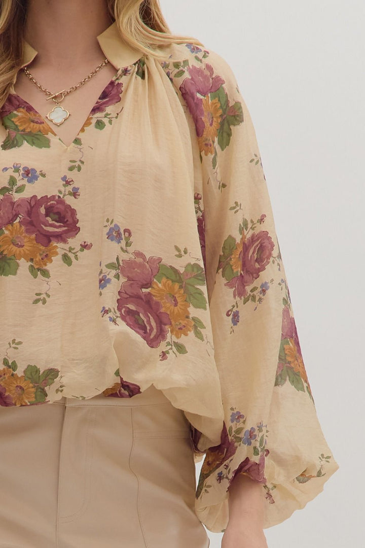Floral Shirred Neck Puff Sleeve Top - Lush Lemon - Women's Clothing - Entro - 57219231001917