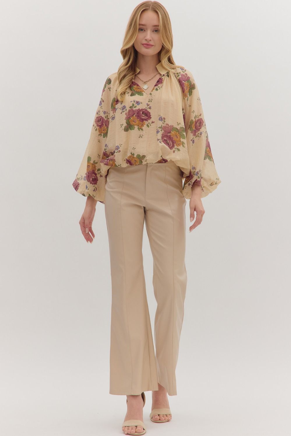Floral Shirred Neck Puff Sleeve Top - Lush Lemon - Women's Clothing - Entro - 57219231001917