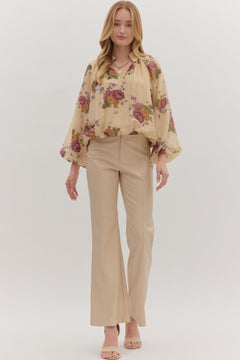 Floral Shirred Neck Puff Sleeve Top - Lush Lemon - Women&