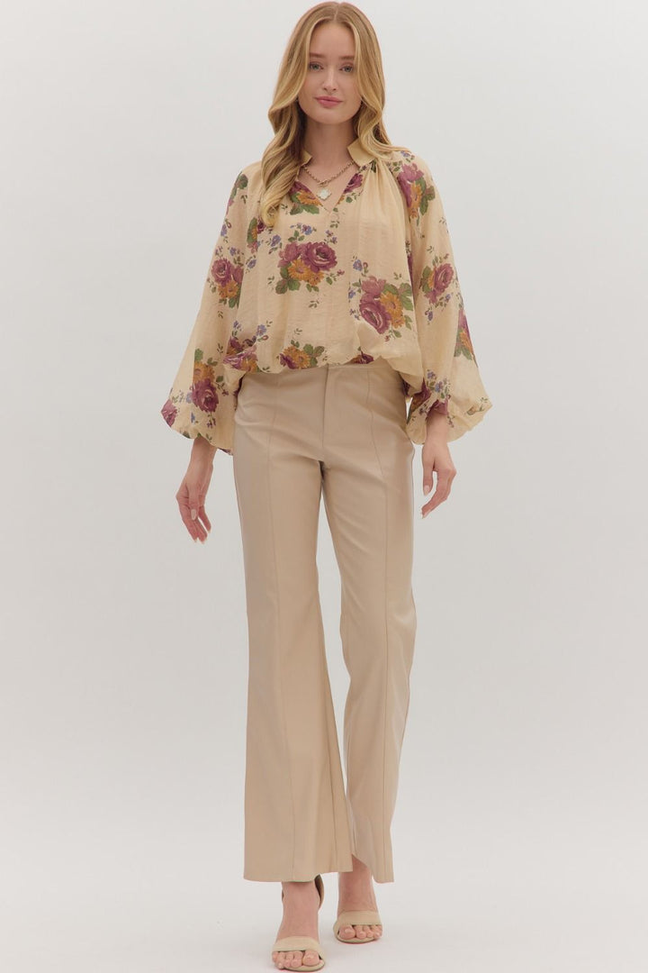 Floral Shirred Neck Puff Sleeve Top - Lush Lemon - Women's Clothing - Entro - 57219231001917