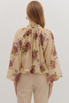 Floral Shirred Neck Puff Sleeve Top - Lush Lemon - Women&