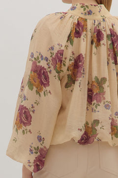 Floral Shirred Neck Puff Sleeve Top - Lush Lemon - Women&