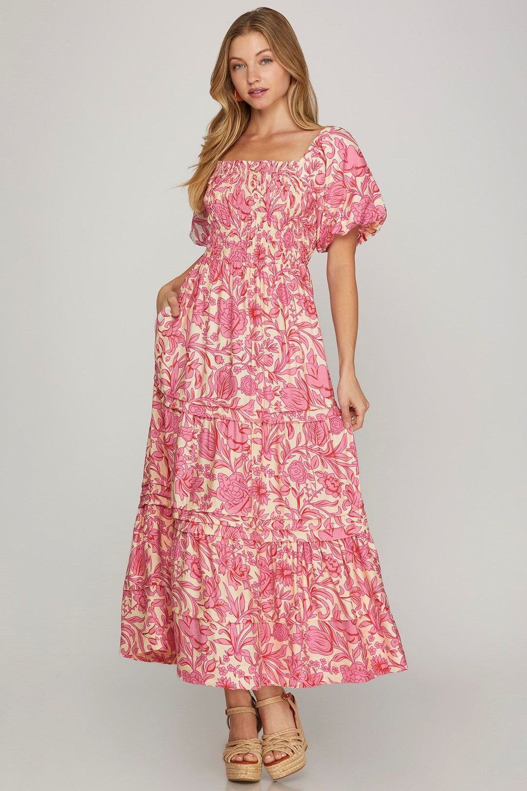 Floral Smocked Maxi Dress W/Pockets - Lush Lemon - Women's Clothing - She + Sky - 75505903727357