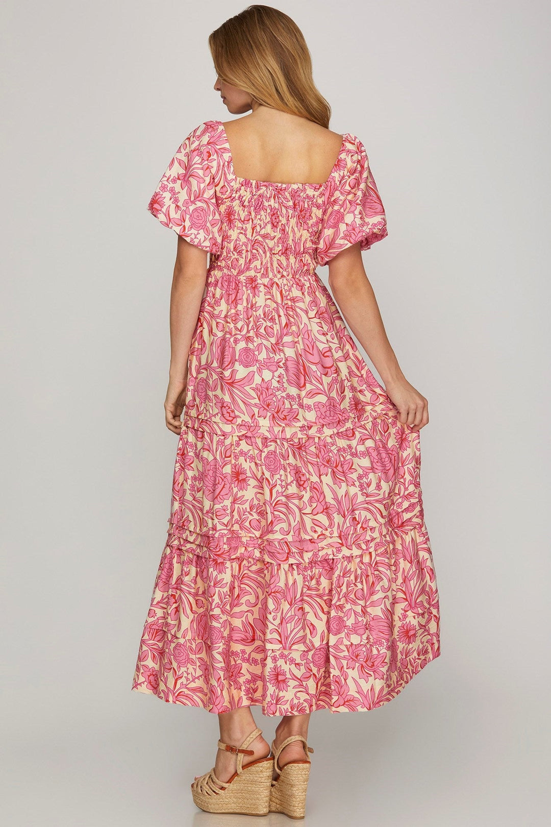 Floral Smocked Maxi Dress W/Pockets - Lush Lemon - Women's Clothing - She + Sky - 75505903727357