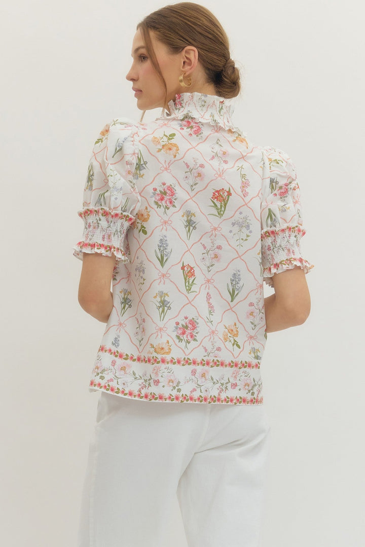 Floral Smocked Ruffle Neck Top - Lush Lemon - Women's Clothing - Entro - 36316541018493