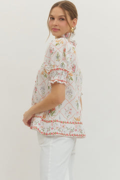 Floral Smocked Ruffle Neck Top - Lush Lemon - Women&