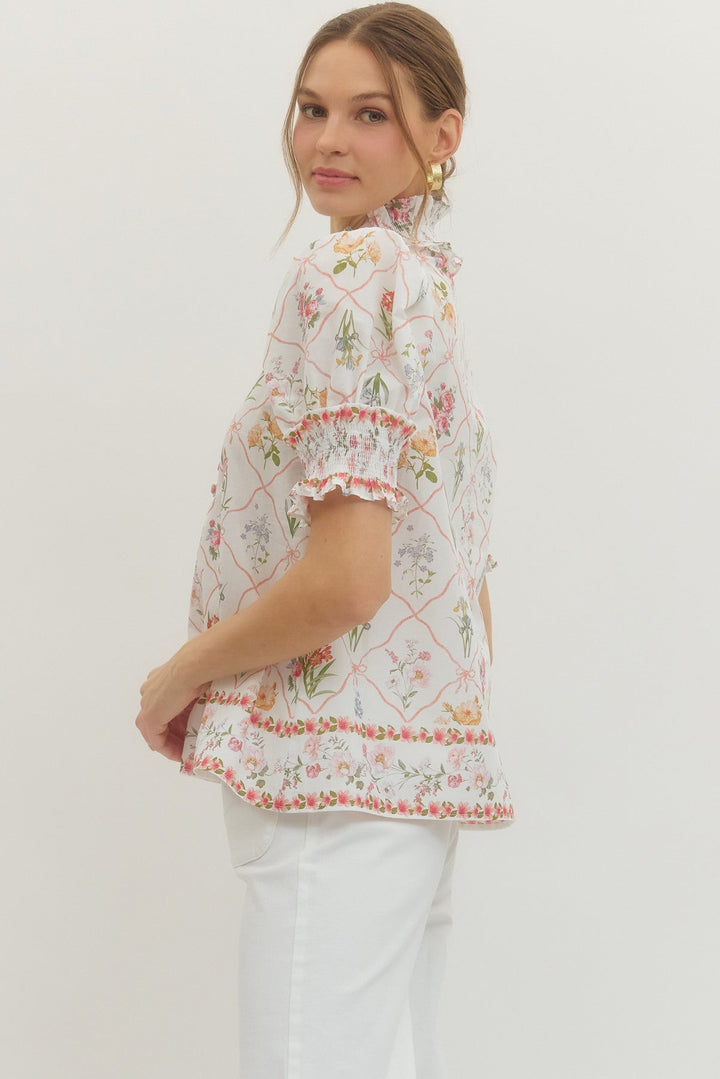 Floral Smocked Ruffle Neck Top - Lush Lemon - Women's Clothing - Entro - 36316541018493