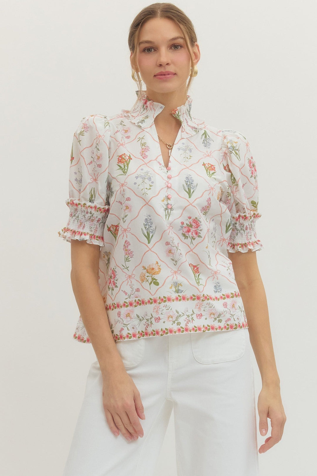 Floral Smocked Ruffle Neck Top - Lush Lemon - Women's Clothing - Entro - 36316541018493