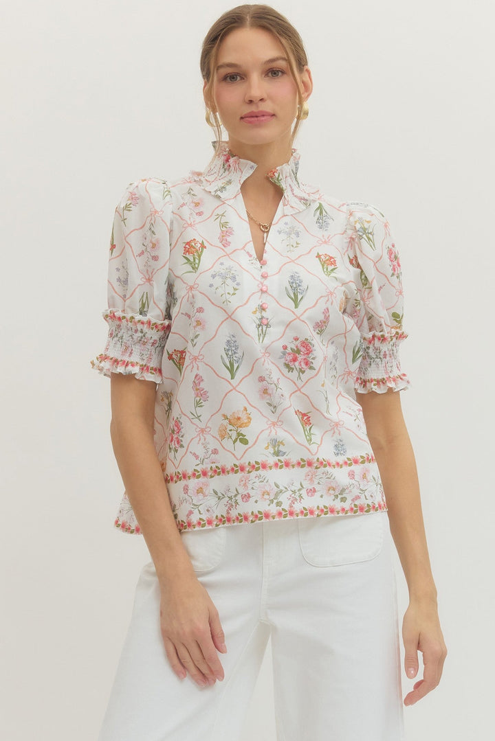 Floral Smocked Ruffle Neck Top - Lush Lemon - Women's Clothing - Entro - 36316541018493