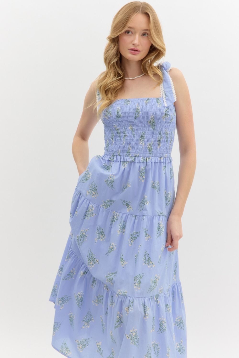 Floral Smocked Tie Shoulder Midi Dress - Entro - Lush Lemon Blue / L Floral Smocked Tie Shoulder Midi Dress - Entro - Lush Lemon Blue / L