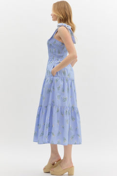Floral Smocked Tie Shoulder Midi Dress - Lush Lemon - Women&