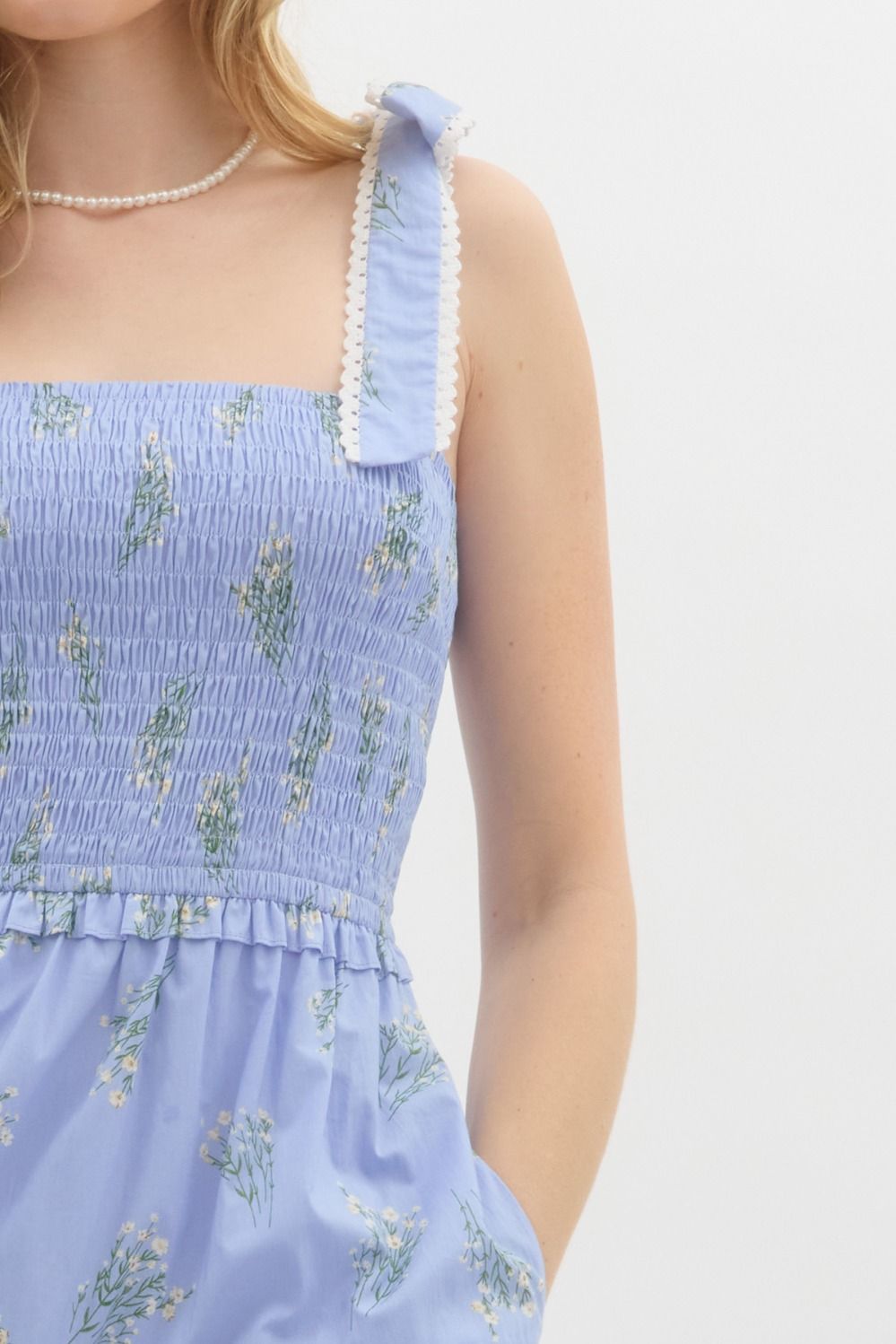 Floral Smocked Tie Shoulder Midi Dress - Entro - Lush Lemon Blue / L Floral Smocked Tie Shoulder Midi Dress - Entro - Lush Lemon Blue / L