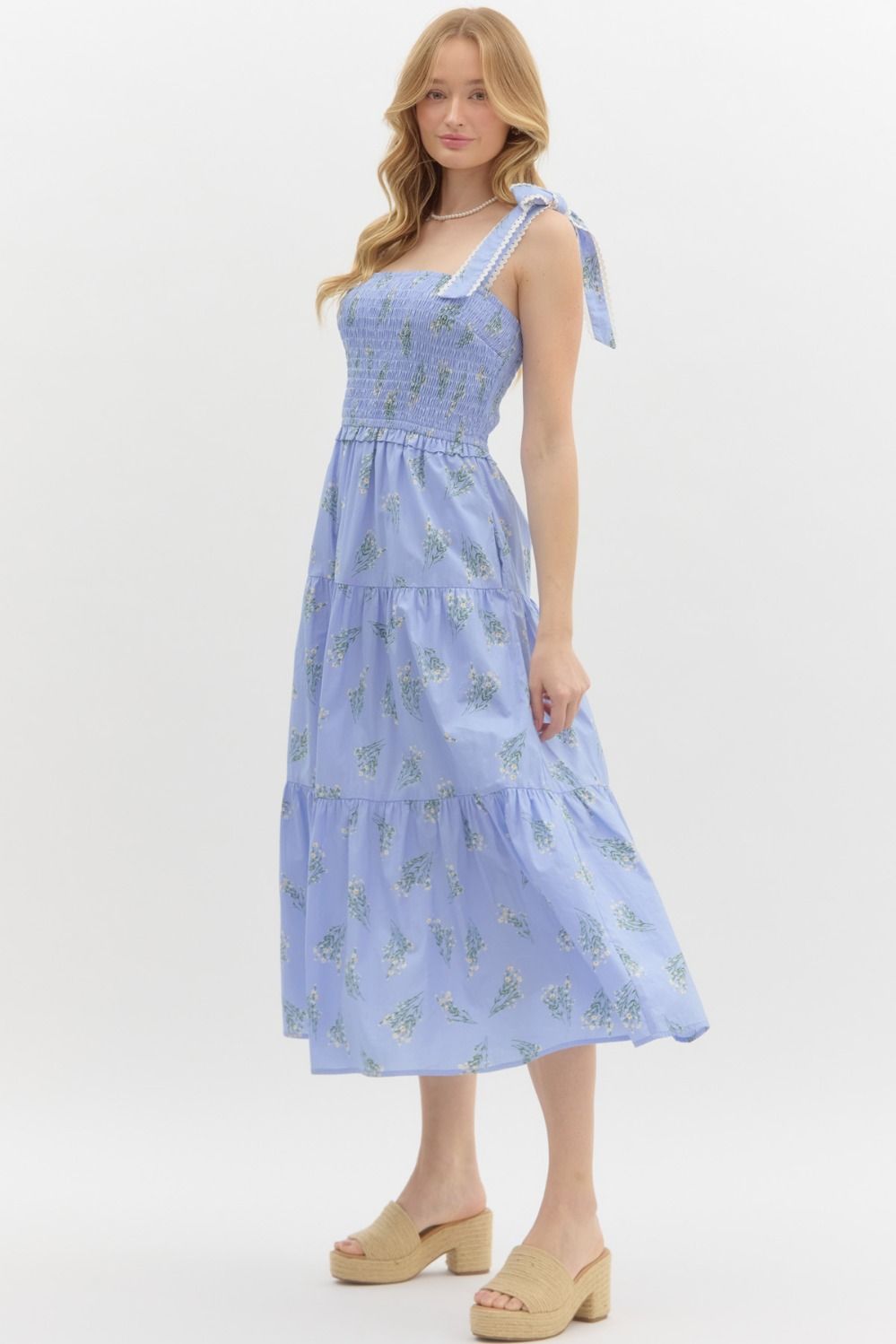 tie shoulder midi dress Floral Smocked Tie Shoulder Midi Dress - Entro