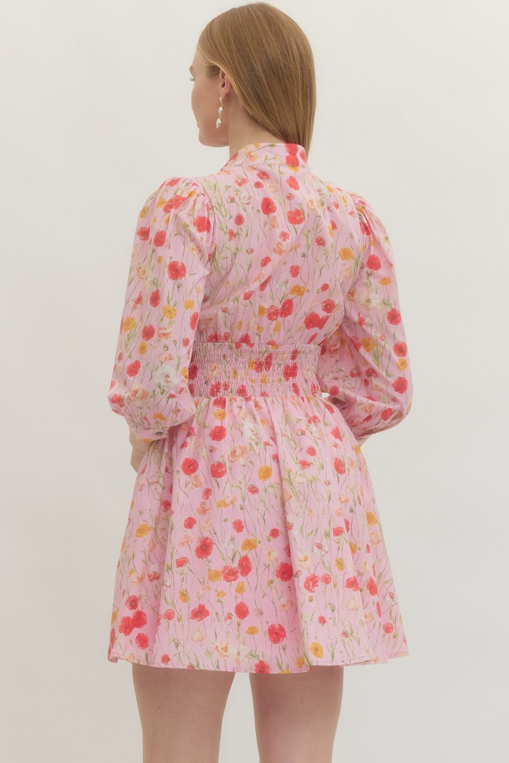 Floral Smocked Waist Mini Dress - Lush Lemon - Women's Clothing - Entro - 34227471000957