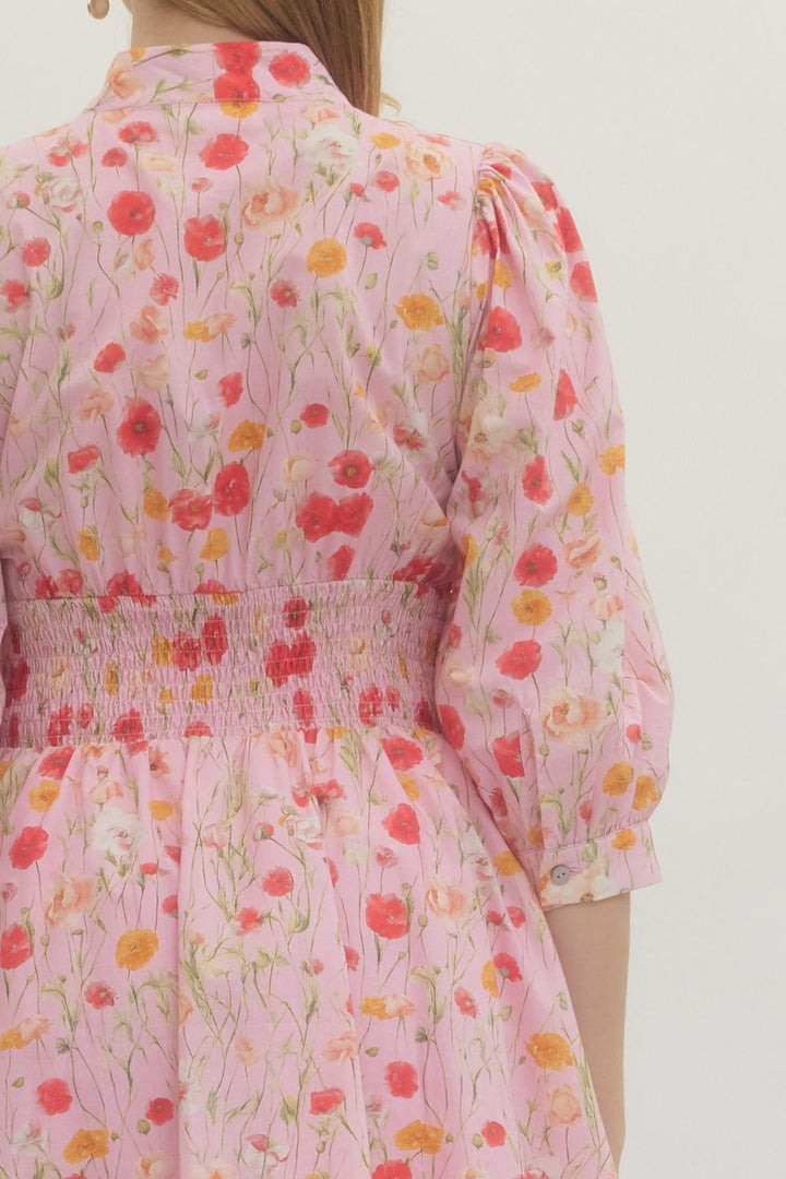 Floral Smocked Waist Mini Dress - Lush Lemon - Women's Clothing - Entro - 34227471000957