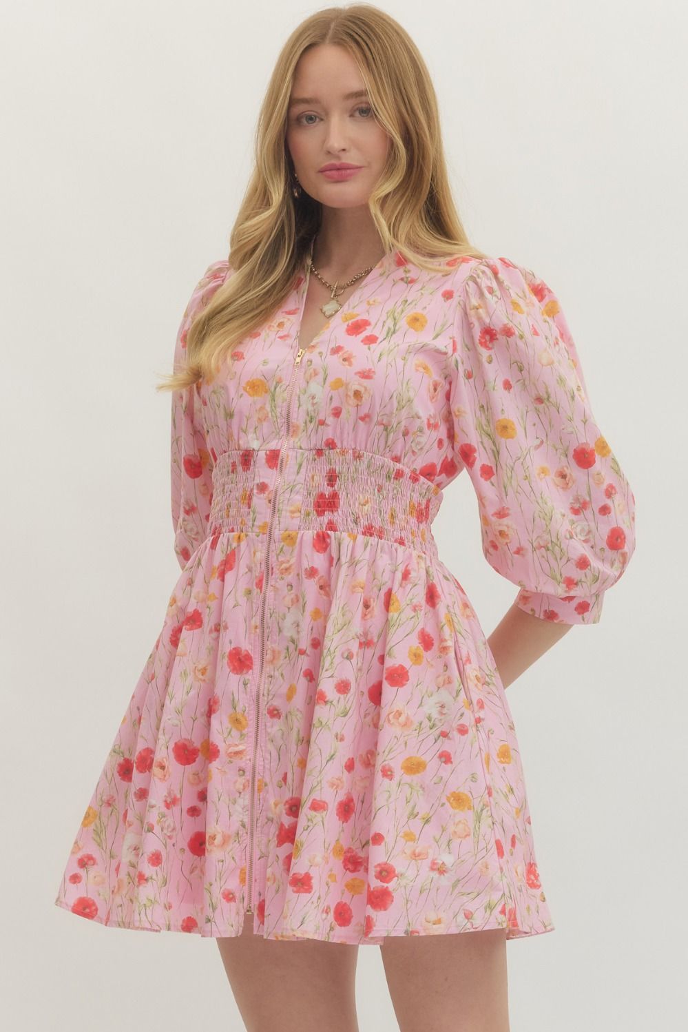 Floral Smocked Waist Mini Dress - Lush Lemon - Women's Clothing - Entro - 34227471000957
