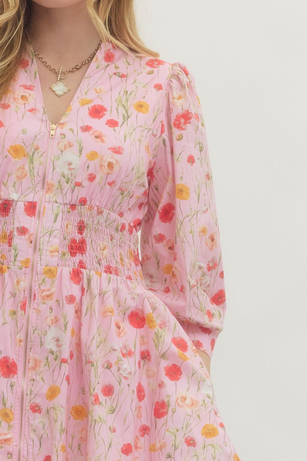 Floral Smocked Waist Mini Dress - Lush Lemon - Women's Clothing - Entro - 34227471000957