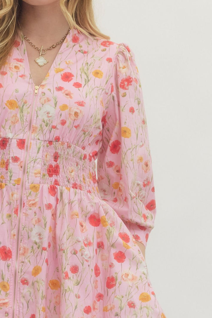 Floral Smocked Waist Mini Dress - Lush Lemon - Women's Clothing - Entro - 34227471000957