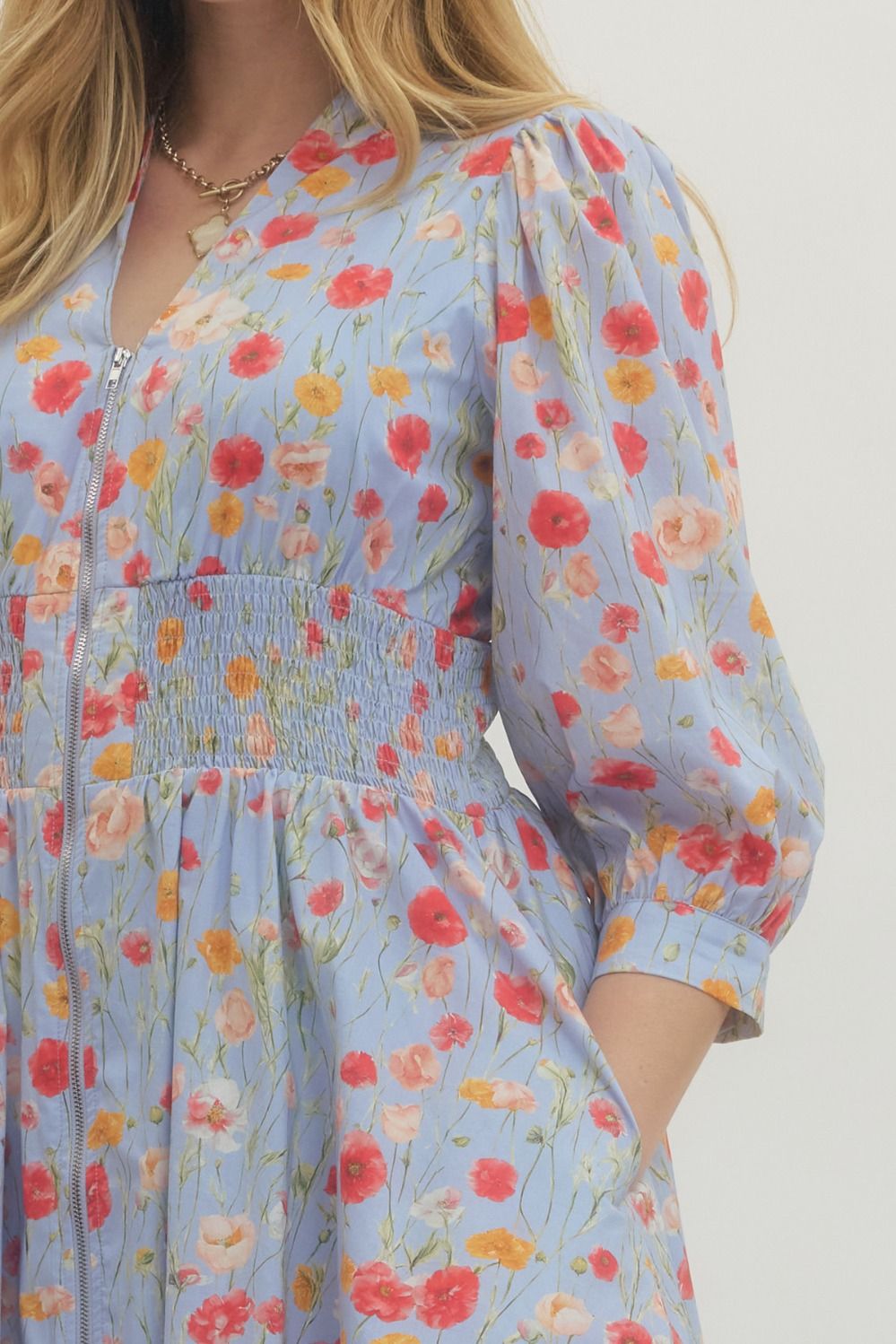 Floral Smocked Waist Mini Dress - Lush Lemon - Women's Clothing - Entro - 45361291030461