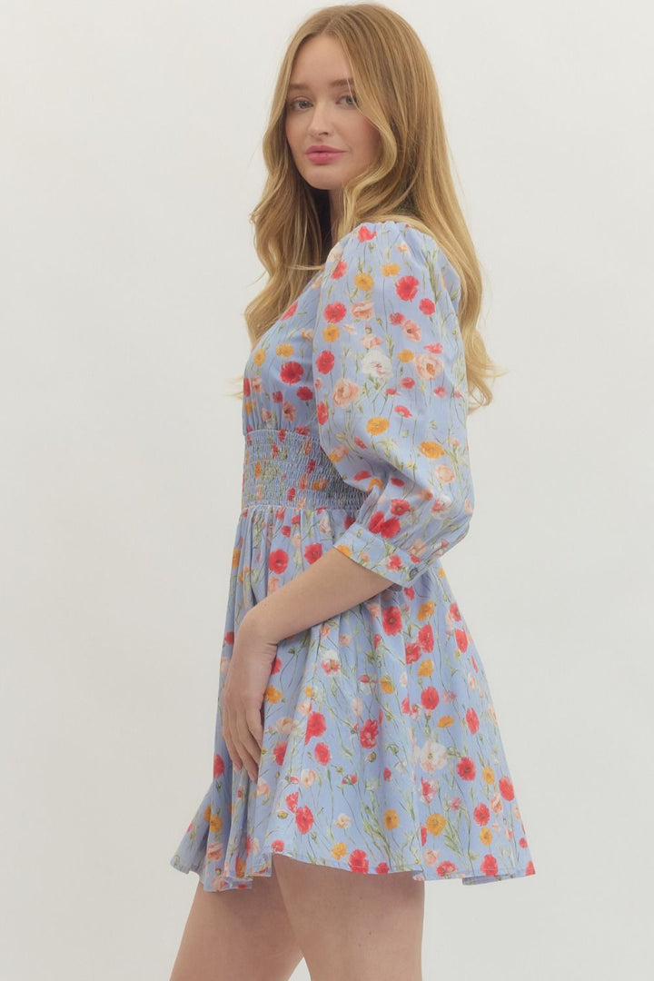 Floral Smocked Waist Mini Dress - Lush Lemon - Women's Clothing - Entro - 45361291030461