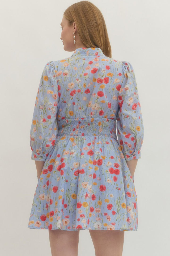 Floral Smocked Waist Mini Dress - Lush Lemon - Women's Clothing - Entro - 45361291030461