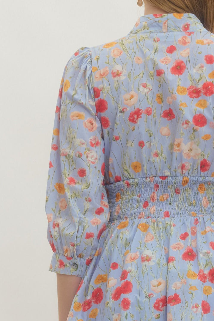 Floral Smocked Waist Mini Dress - Lush Lemon - Women's Clothing - Entro - 45361291030461