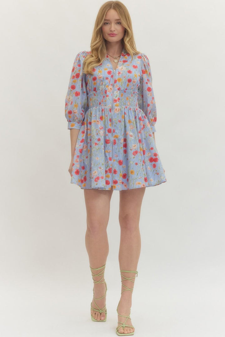 Floral Smocked Waist Mini Dress - Lush Lemon - Women's Clothing - Entro - 45361291030461