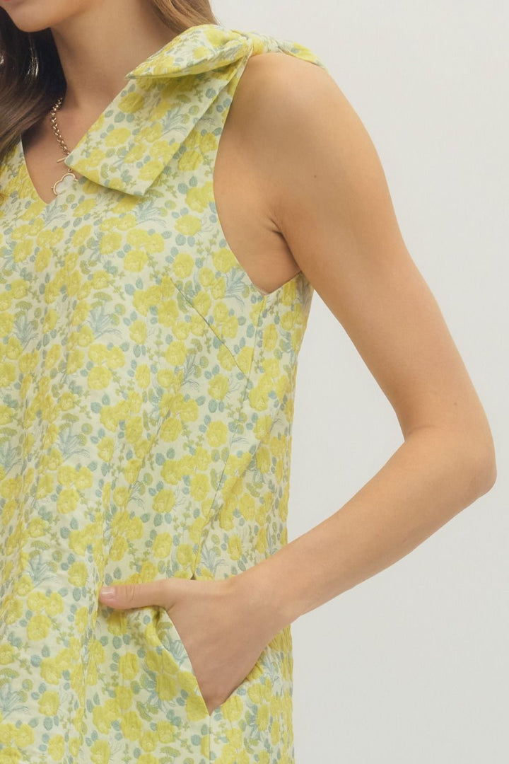 Floral Square Shoulder Mini Dress - Lush Lemon - Women's Clothing - Entro - 25407571057629