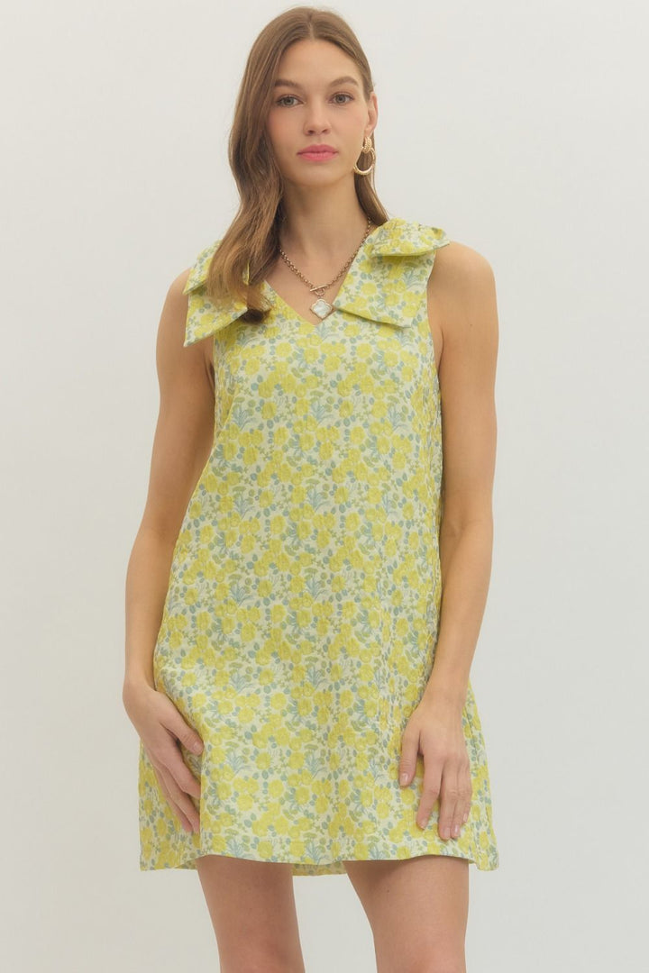 Floral Square Shoulder Mini Dress - Lush Lemon - Women's Clothing - Entro - 25407571057629