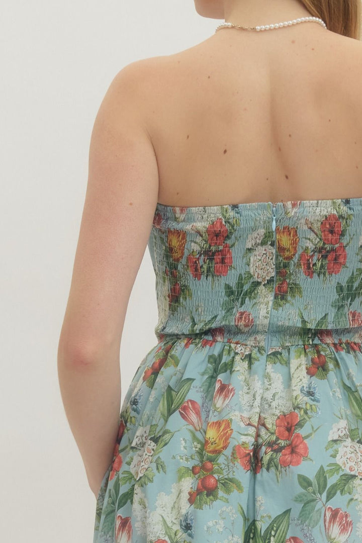 Floral Strapless Midi Dress - Lush Lemon - Women's Clothing - Entro - 56932061008541