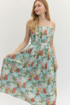 Floral Strapless Midi Dress - Lush Lemon - Women&