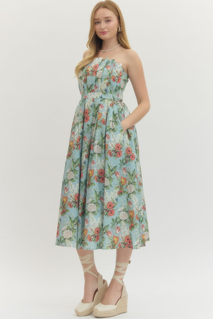 Floral Strapless Midi Dress - Lush Lemon - Women's Clothing - Entro - 56932061008541