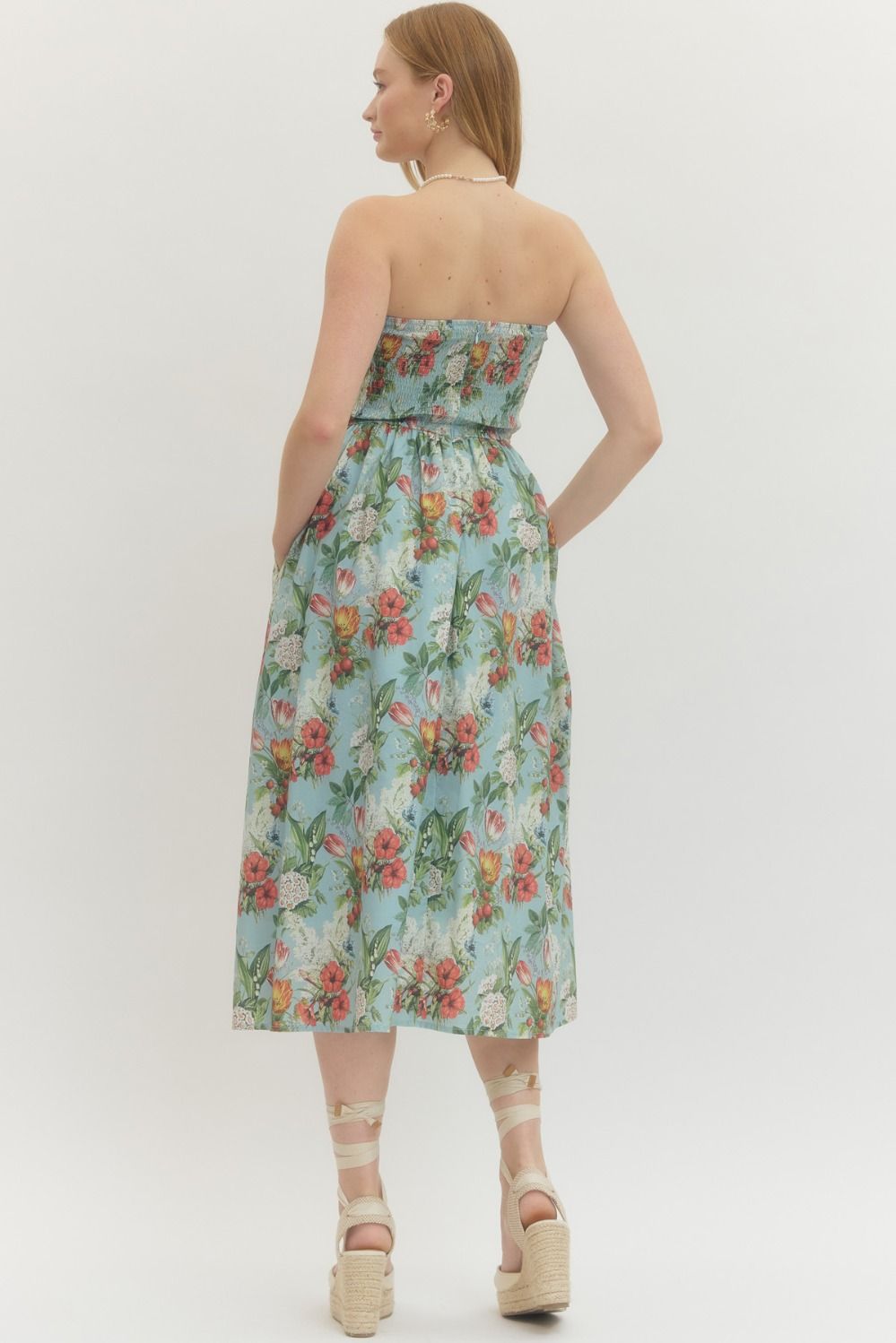 Floral Strapless Midi Dress - Lush Lemon - Women's Clothing - Entro - 56932061008541