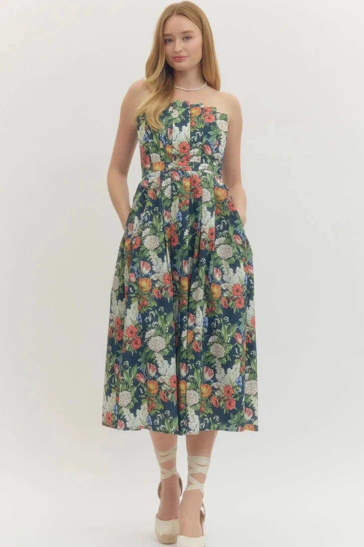 Floral Strapless Midi Dress - Lush Lemon - Women's Clothing - Entro - 