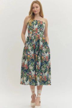Floral Strapless Midi Dress - Lush Lemon - Women&