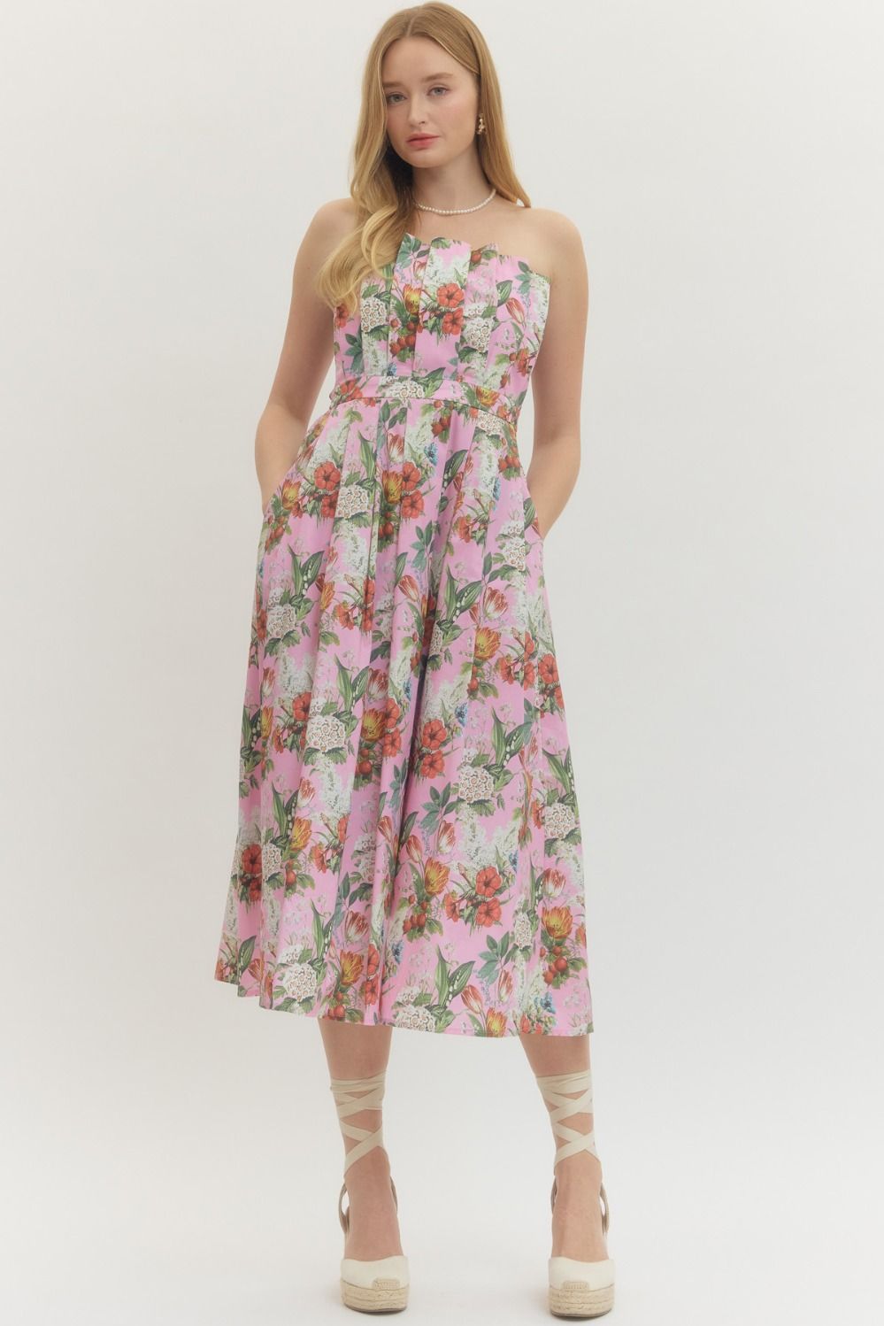 Floral Strapless Midi Dress - Lush Lemon - Women's Clothing - Entro - 