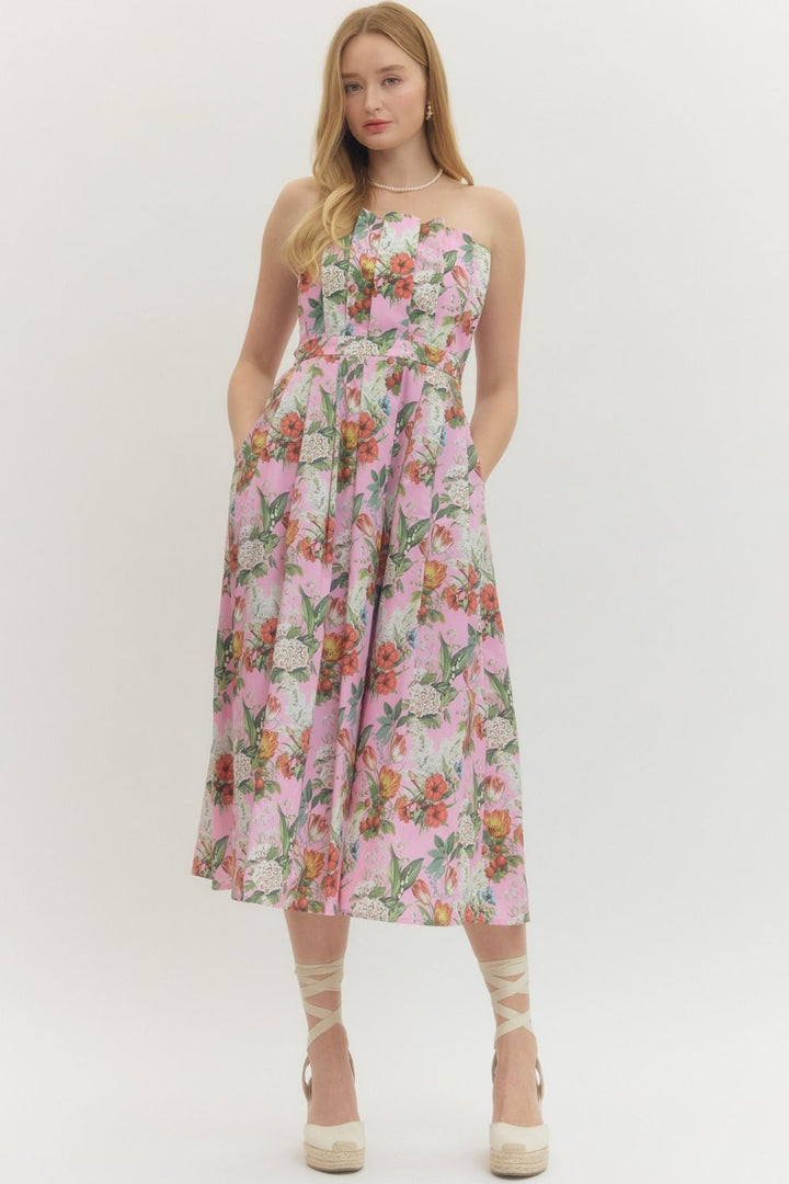 Floral Strapless Midi Dress - Lush Lemon - Women's Clothing - Entro - 