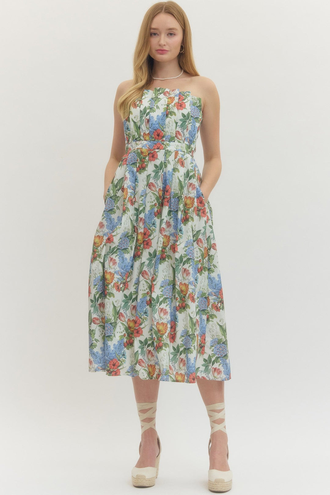 Floral Strapless Midi Dress - Lush Lemon - Women's Clothing - Entro - 