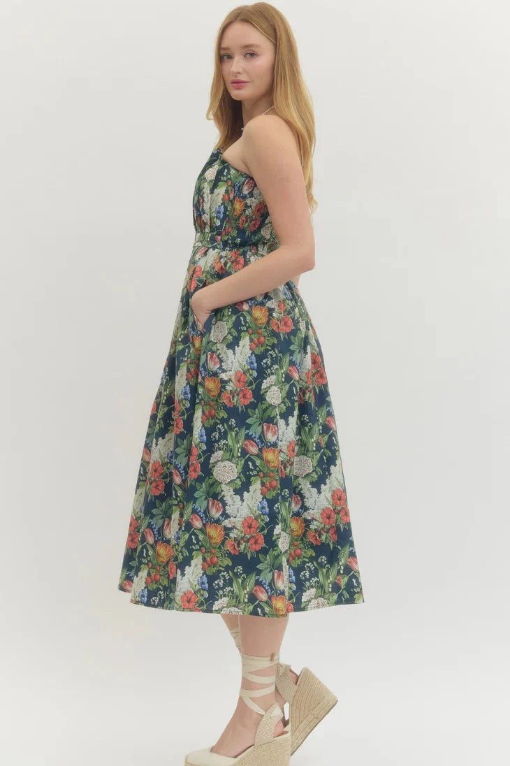 Floral Strapless Midi Dress - Lush Lemon - Women's Clothing - Entro - 