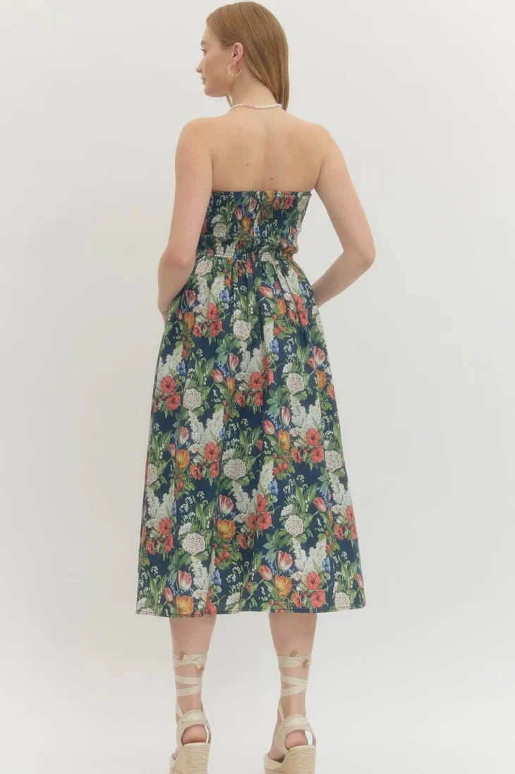 Floral Strapless Midi Dress - Lush Lemon - Women's Clothing - Entro - 