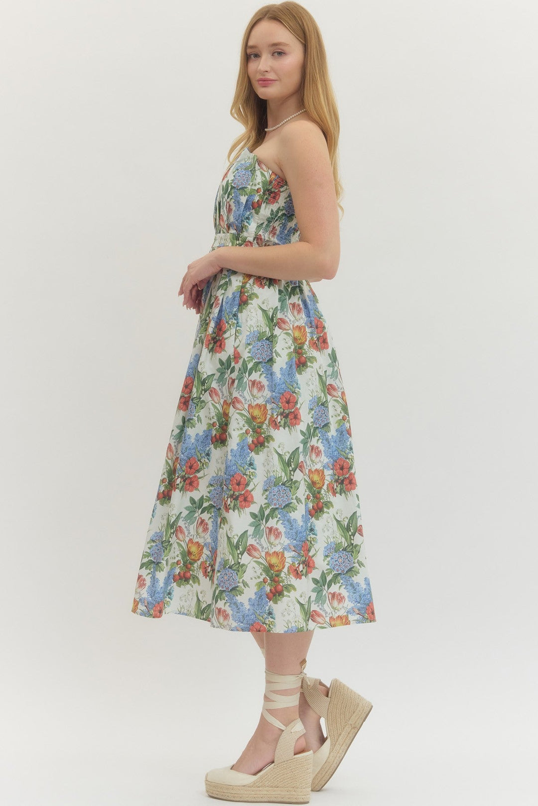Floral Strapless Midi Dress - Lush Lemon - Women's Clothing - Entro - 