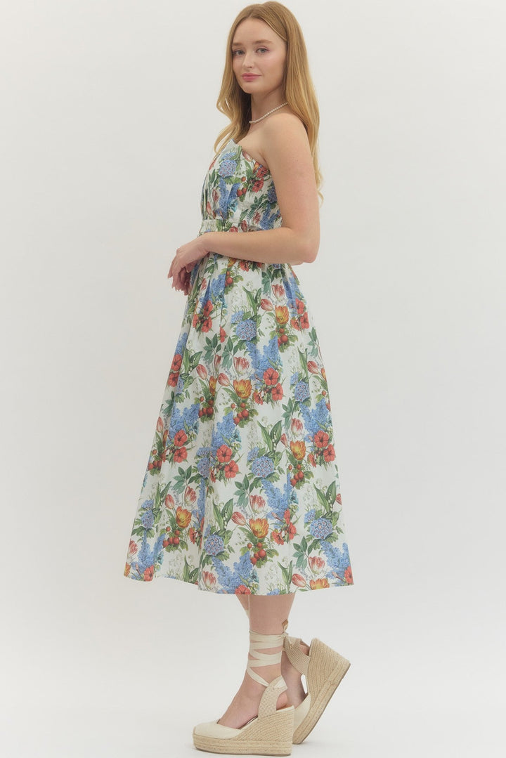 Floral Strapless Midi Dress - Lush Lemon - Women's Clothing - Entro - 