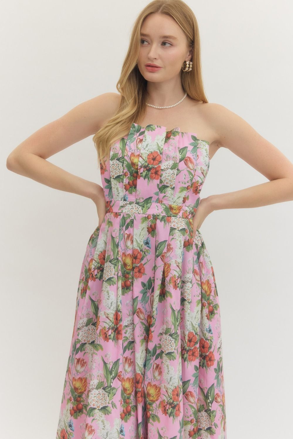 Floral Strapless Midi Dress - Lush Lemon - Women's Clothing - Entro - 