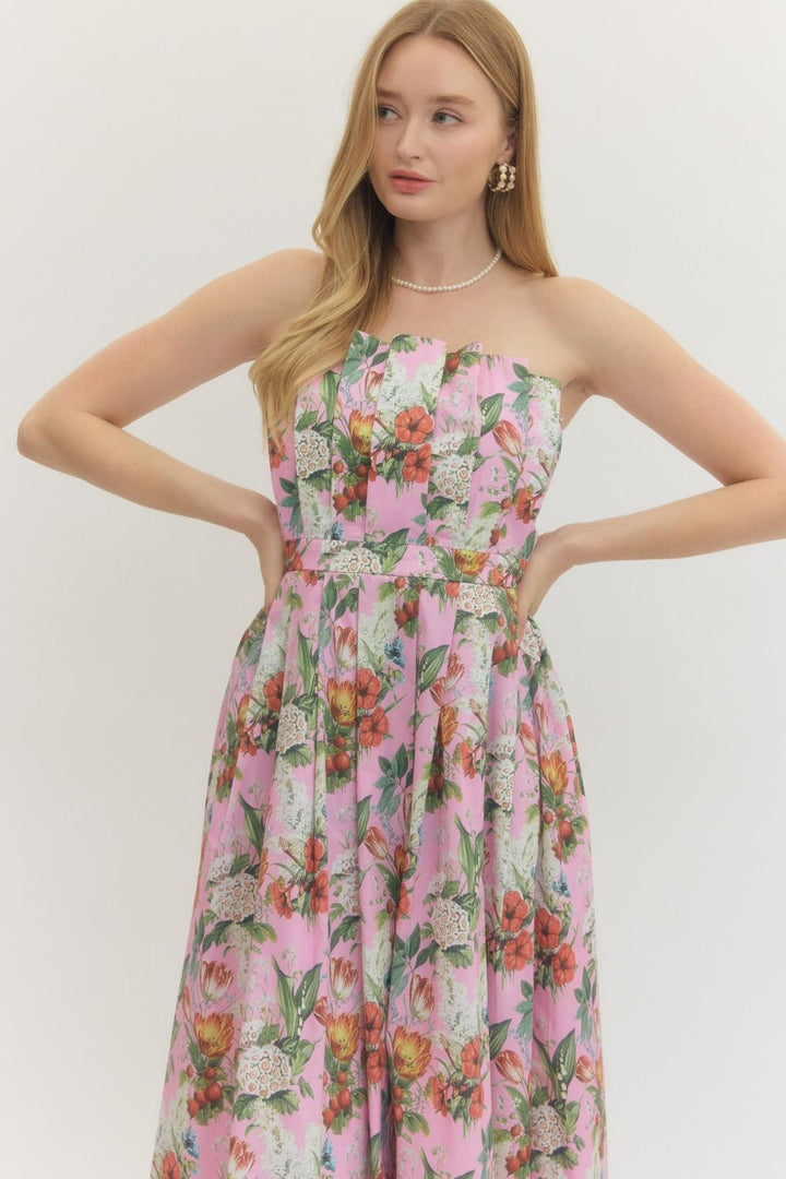 Floral Strapless Midi Dress - Lush Lemon - Women's Clothing - Entro - 