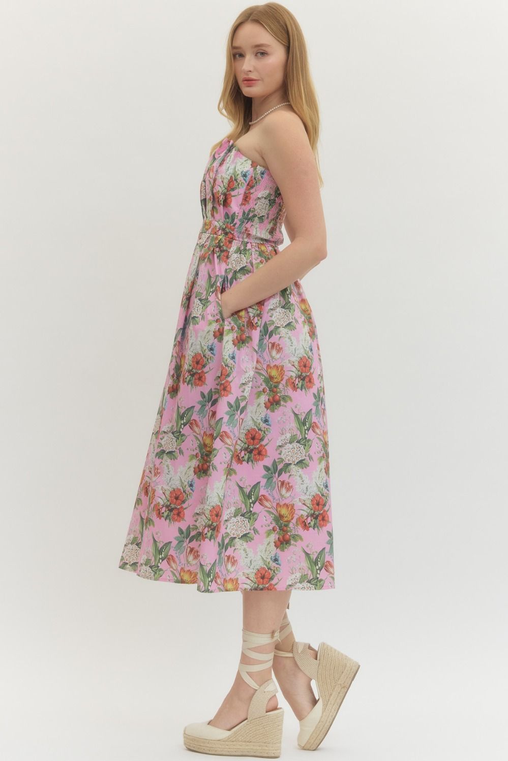 Floral Strapless Midi Dress - Lush Lemon - Women's Clothing - Entro - 