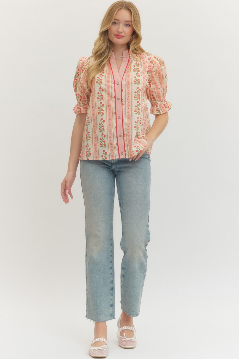 Floral Stripe Puff Sleeve Button Front Top - Lush Lemon - Women's Clothing - Entro - 10113521043645