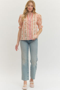 Floral Stripe Puff Sleeve Button Front Top - Lush Lemon - Women&